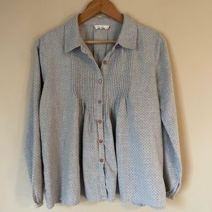 Deby Debo grey rust polka dots peasant pleated button front blouse, size small